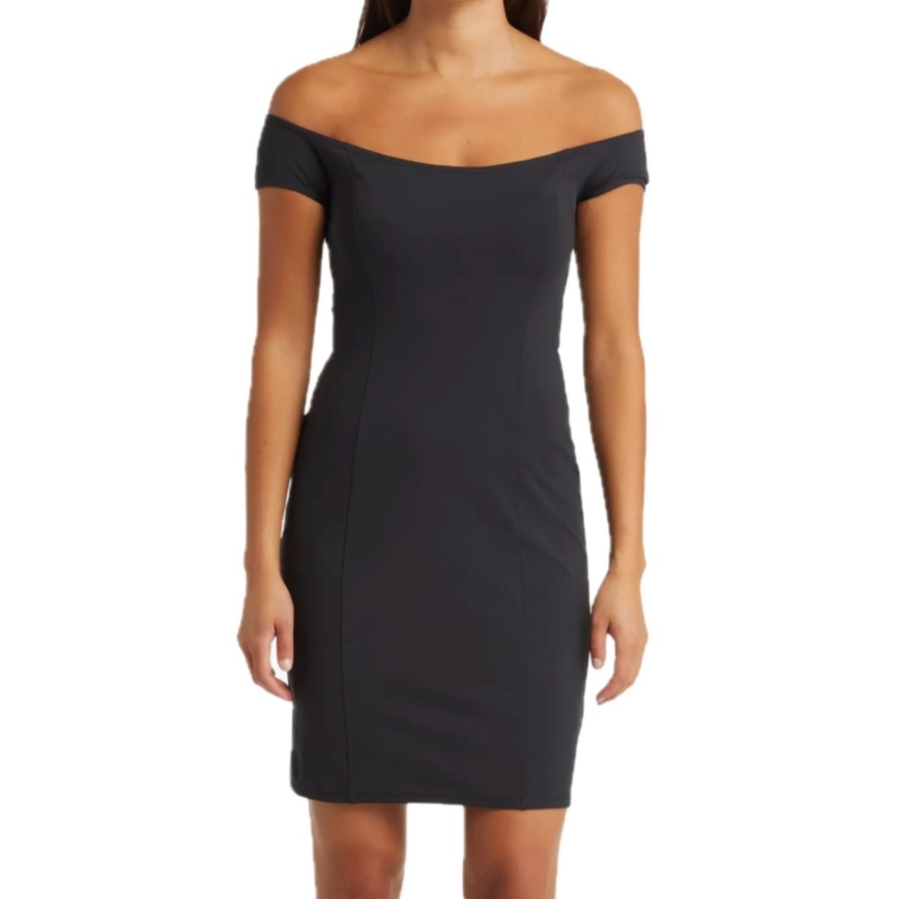 New Open Edit Off The Shoulder Fitted Short Sheath Dress Black Size Small